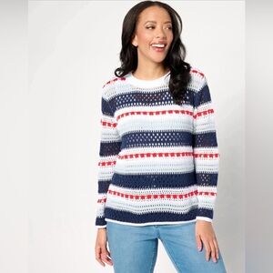 💕 Joan Rivers 💕 Red White and Blue Crew Neck Open Knit Sweater - NWT